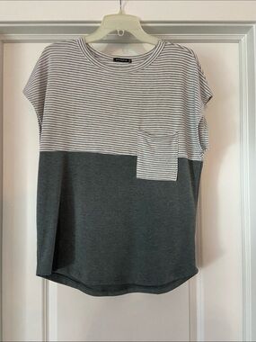 Staccato Gray and White Striped Colorblock Pocket Tee